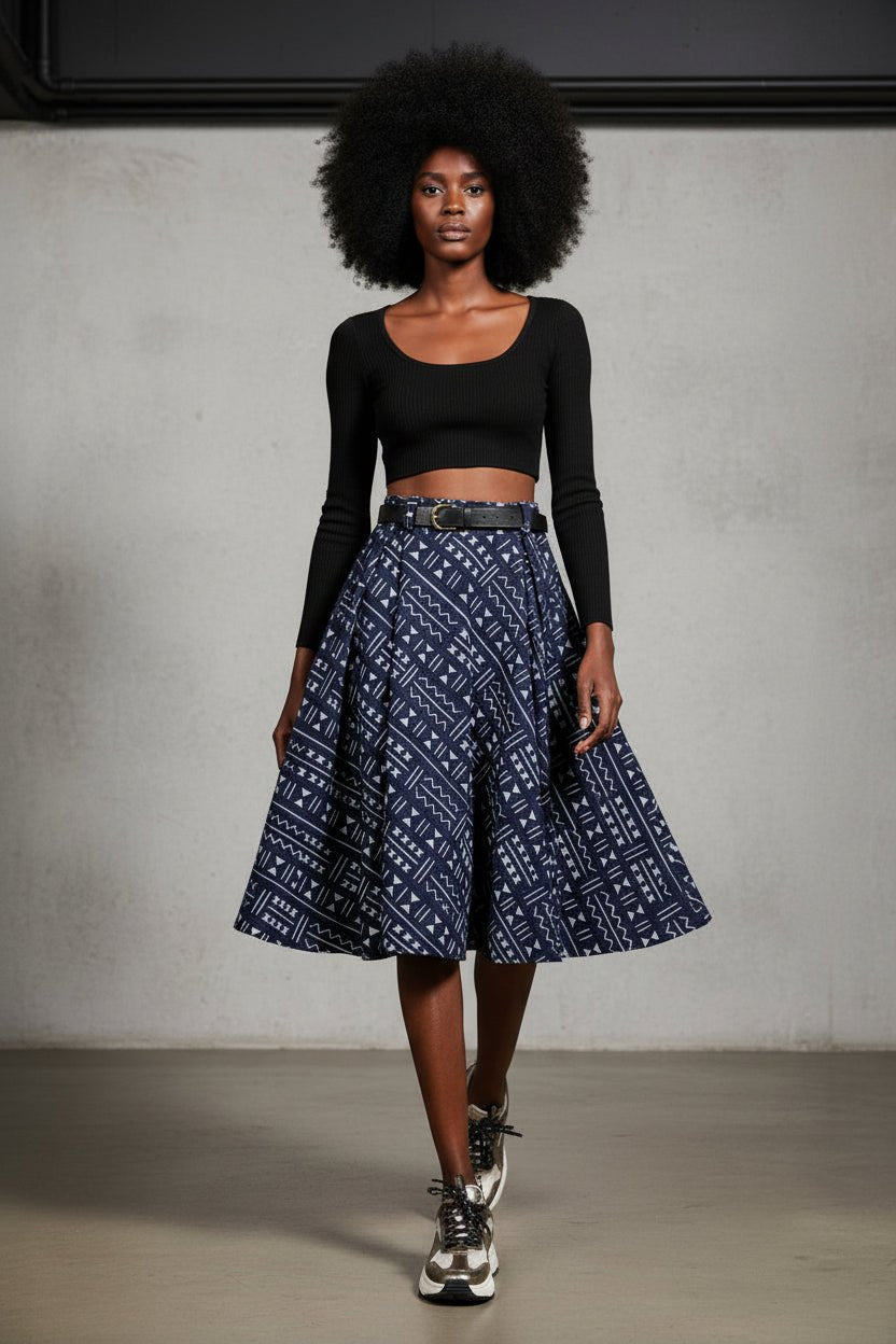 Jupe trapèze taille haute pagne tissé galafini indigo Mali en Jupe artisanal africain - KaolackCreations