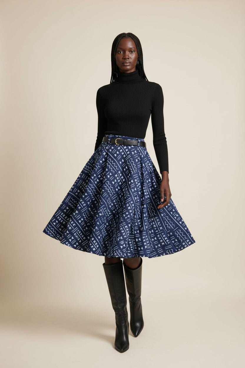 Jupe trapèze taille haute pagne tissé galafini indigo Mali en Jupe artisanal africain - KaolackCreations