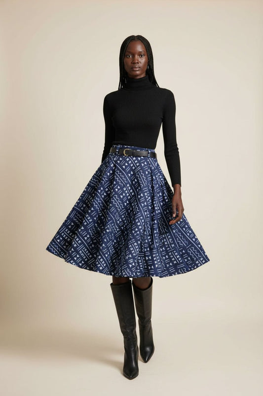 Jupe trapèze taille haute pagne tissé galafini indigo Mali en Jupe artisanal africain - KaolackCreations