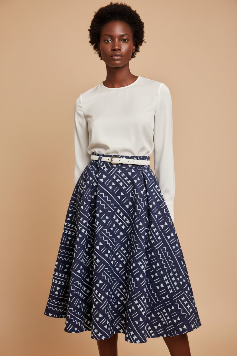 Jupe trapèze taille haute pagne tissé galafini indigo Mali en Jupe artisanal africain - KaolackCreations