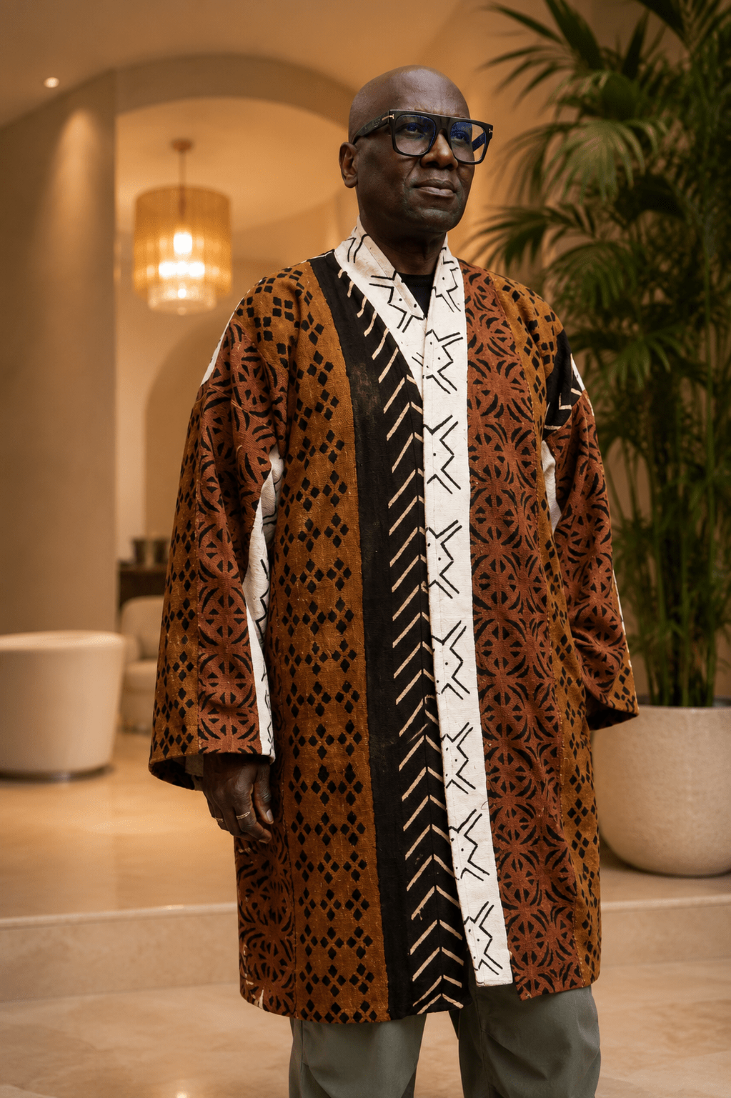 Homme portant un manteau kimono mixte en bogolan artisanal africain ouvert, manteau long en coton tissé doublé aux motifs traditionnels marron, noir et écru, création Kaolack Créations.