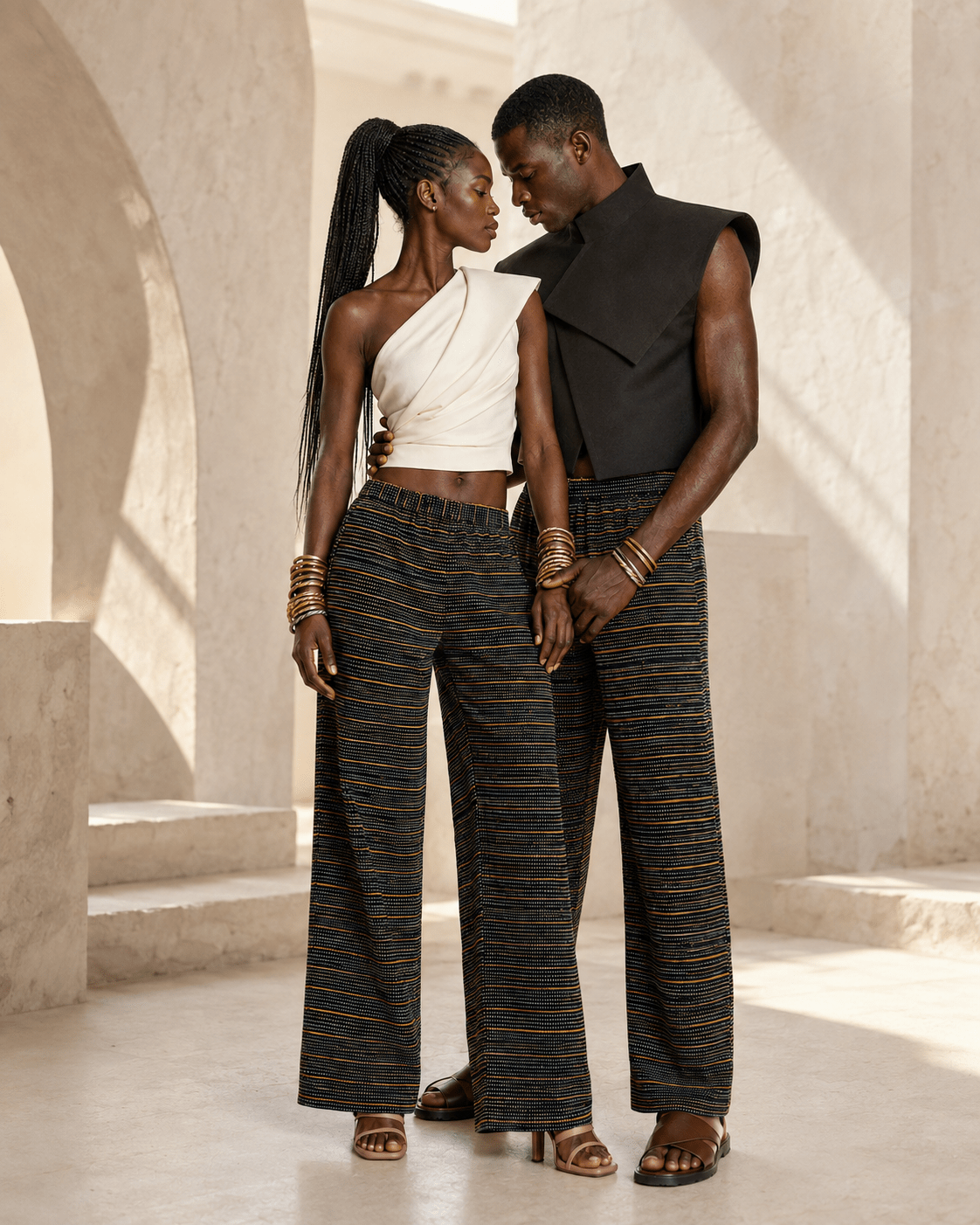 Un couple porte le même pantalon en Faso Dan Fani sous les arches, coupe mixte en taille unique