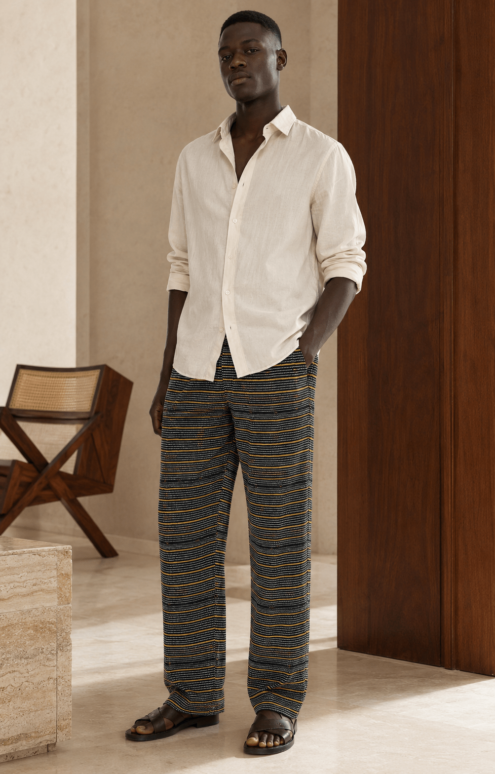 Homme en chemise de lin écrue portant le pantalon en Faso Dan Fani tissé main au Burkina Faso