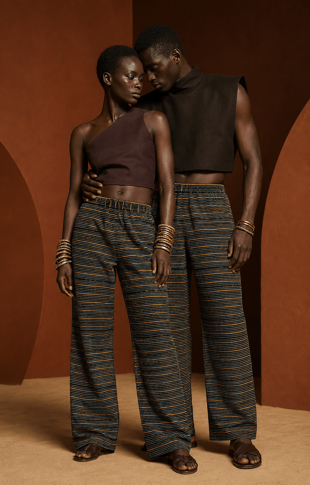 Un homme et une femme portent le même pantalon en Faso Dan Fani, coupe mixte en taille unique