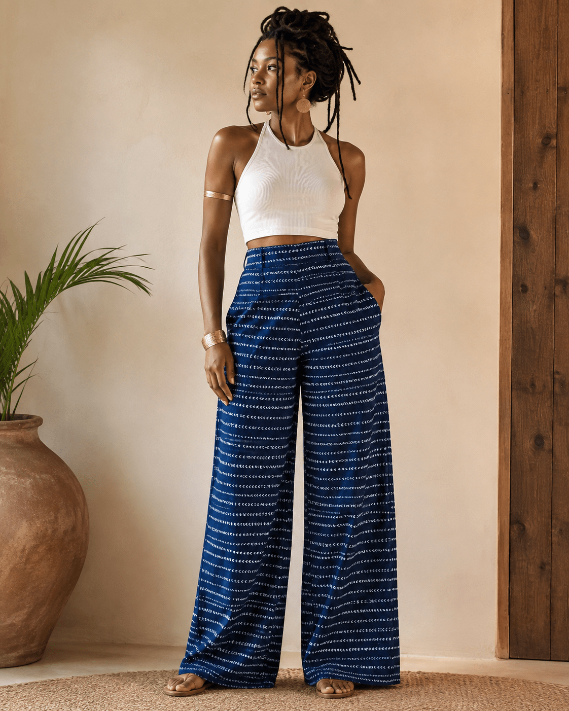 Pantalon femme taille haute Léppi indigo – 100 % coton en artisanal africain - KaolackCreations