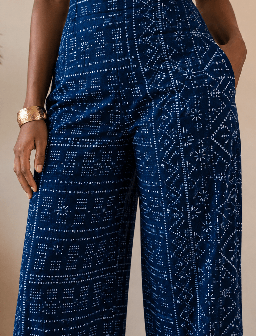 Pantalon femme taille haute Léppi indigo – 100 % coton en artisanal africain - KaolackCreations
