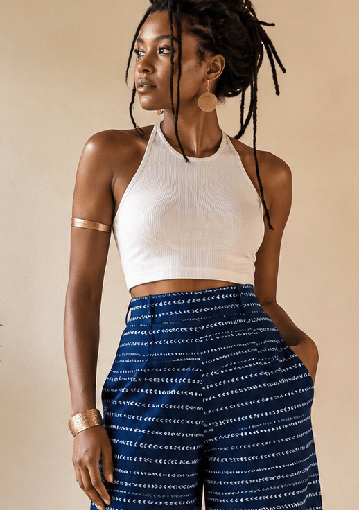 Pantalon femme taille haute Léppi indigo – 100 % coton en artisanal africain - KaolackCreations
