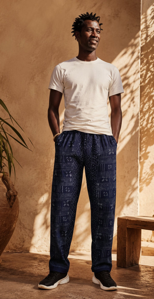 Pantalon en Lépi de Guinée-Conakry en 100 % coton porté de face, tissu tissé et teint à l'indigo, fabrication artisanale africaine.