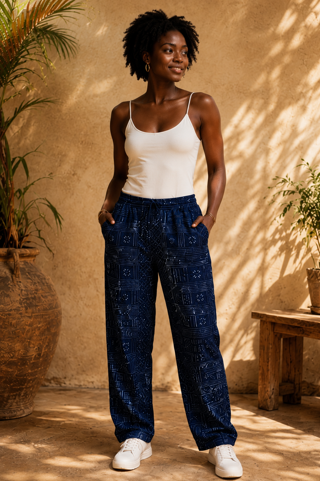 Pantalon en Lépi de Guinée-Conakry porté par une femme, 100 % coton tissé et teint à l'indigo, confection artisanale entre la Guinée et le Sénégal.