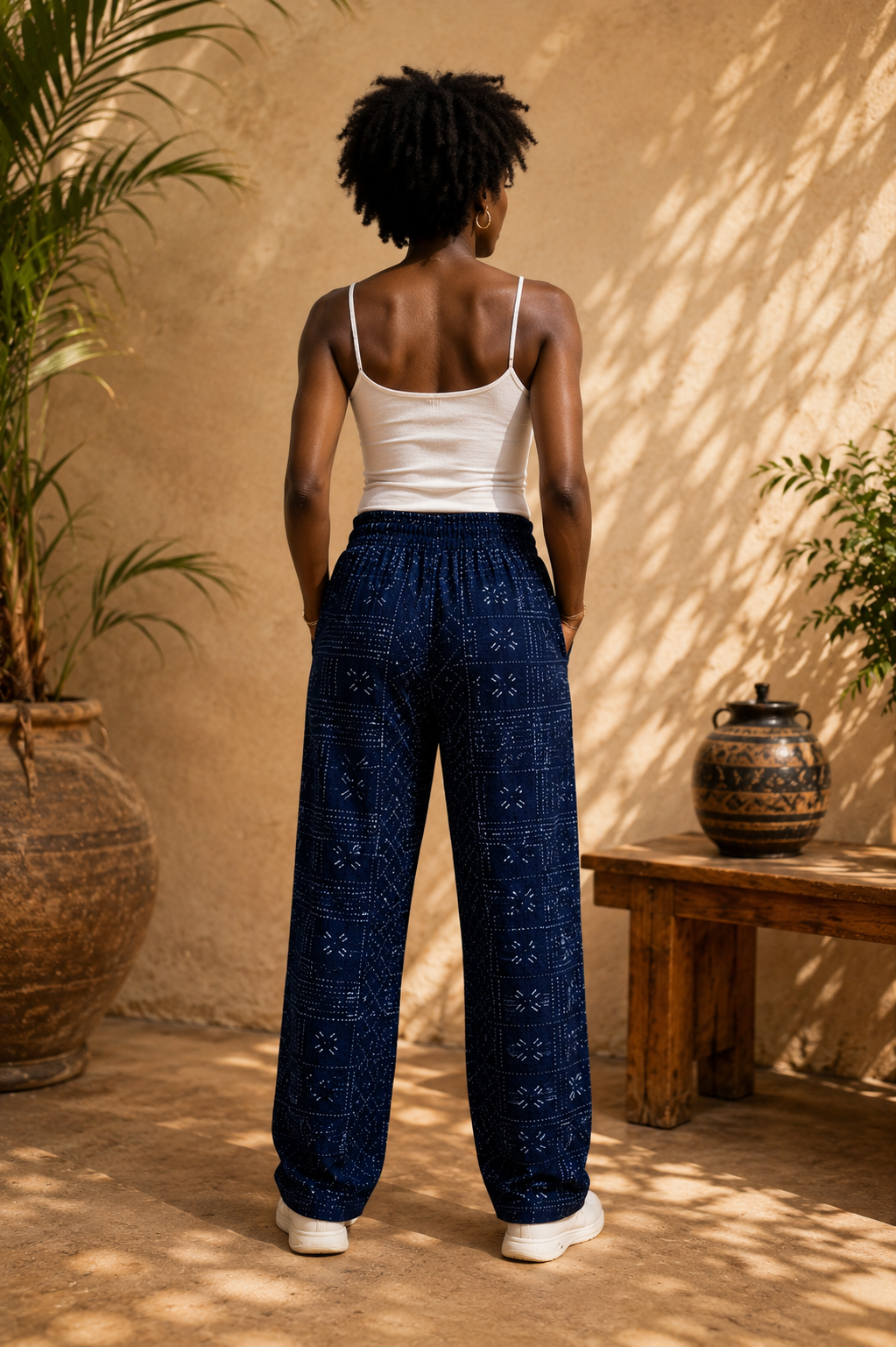 Vue arrière d'une femme portant un pantalon en Lépi de Guinée-Conakry en 100 % coton, tissu traditionnel tissé et teint à l'indigo, confection artisanale entre la Guinée et le Sénégal.