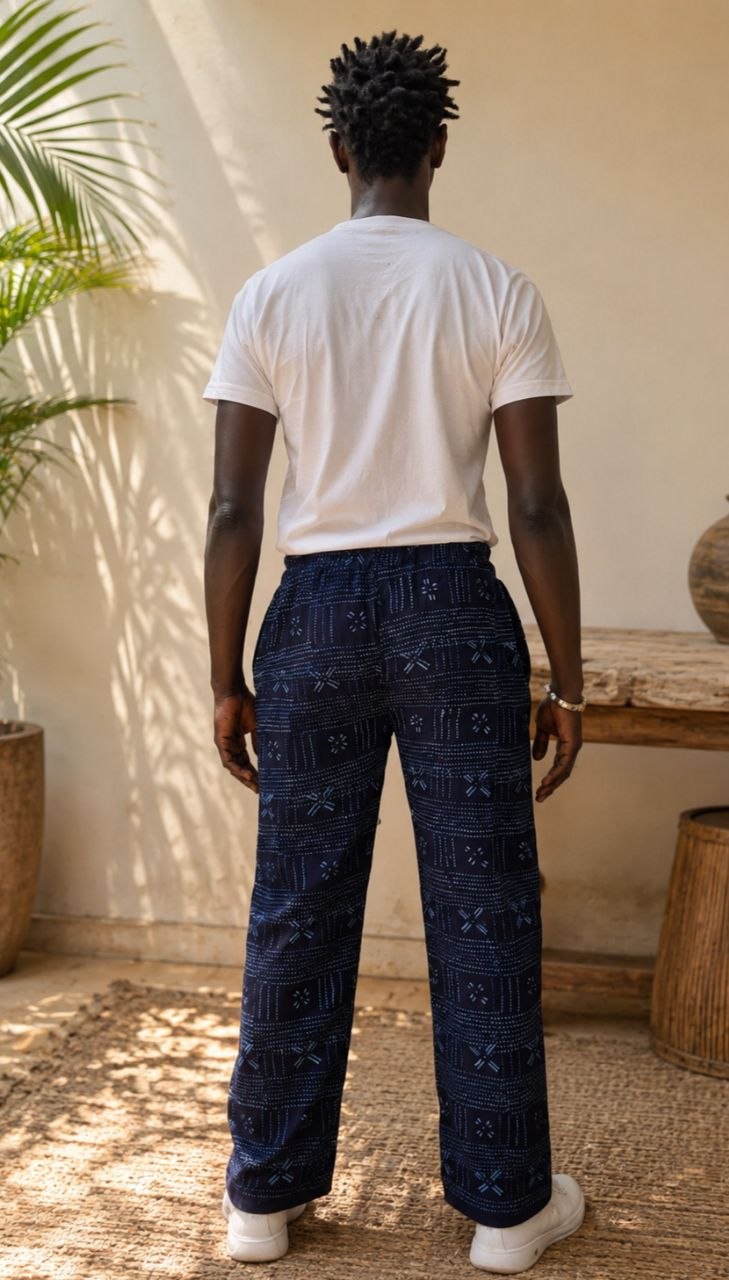 Vue arrière d'un pantalon en Lépi de Guinée-Conakry en 100 % coton, tissu traditionnel tissé et teint à l'indigo, confection artisanale entre la Guinée et le Sénégal.
