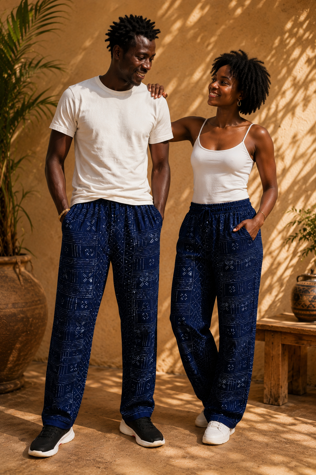 Un homme et une femme portent un pantalon en Lépi indigo 100 % coton, confection artisanale africaine, illustrant une coupe mixte élégante et confortable adaptée au quotidien.