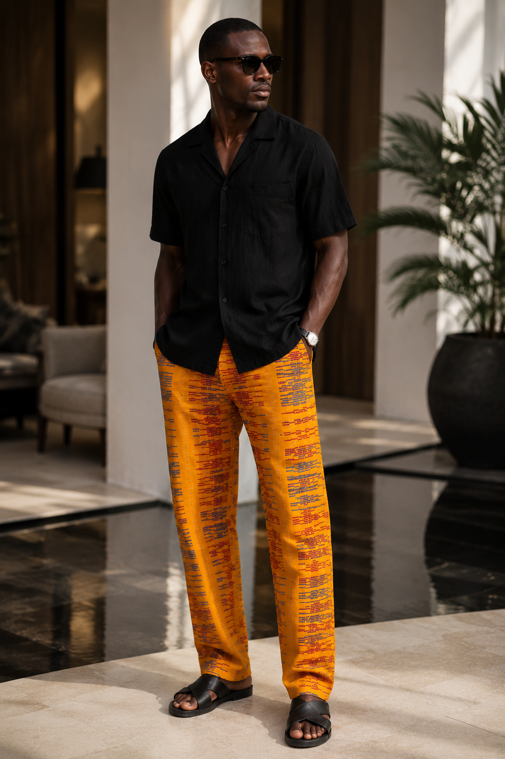 Pantalon homme en véritable pagne Kita Kente Akan, entièrement tissé à la main en coton en Afrique, coupe droite, porté de face pour mettre en valeur le tissage traditionnel, les couleurs vives et la texture artisanale.