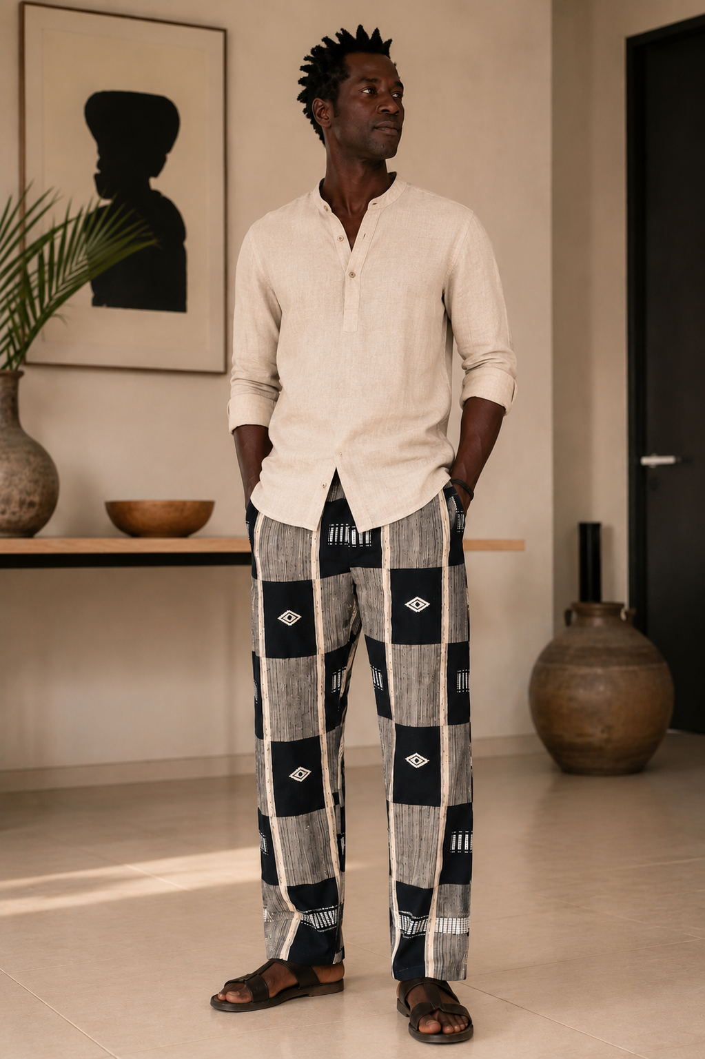 Homme africain portant un pantalon en véritable pagne tissé Sénoufo de Korhogo, 100 % coton, dans un style haut de gamme, confection artisanale Kaolack Créations.