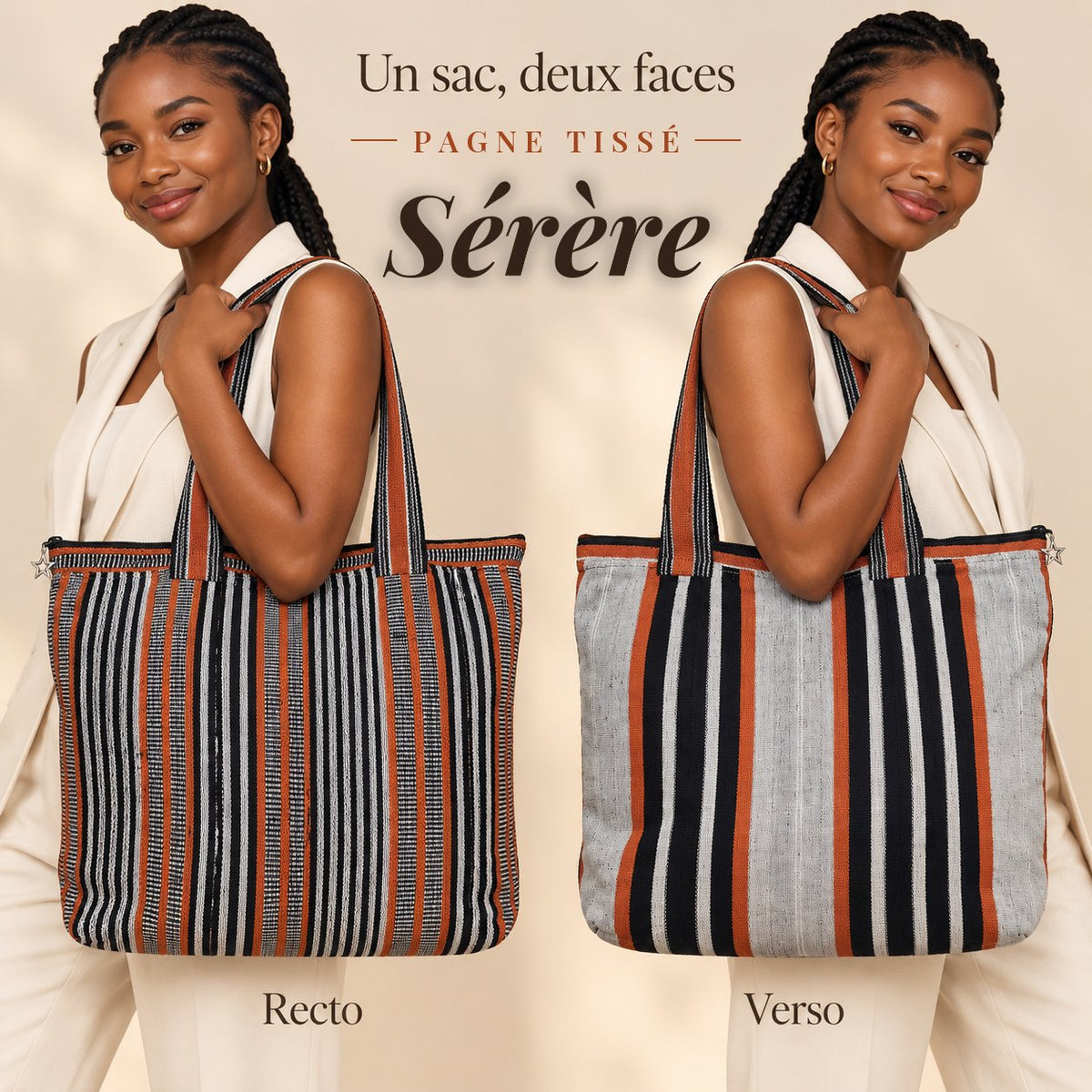 Sac africain LUMA porté à l'épaule, recto à rayures fines et verso à larges bandes