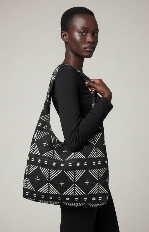 Sac Hobo en Bogolan Noir Artisanal Bamanan en sac hobo artisanal africain - KaolackCreations