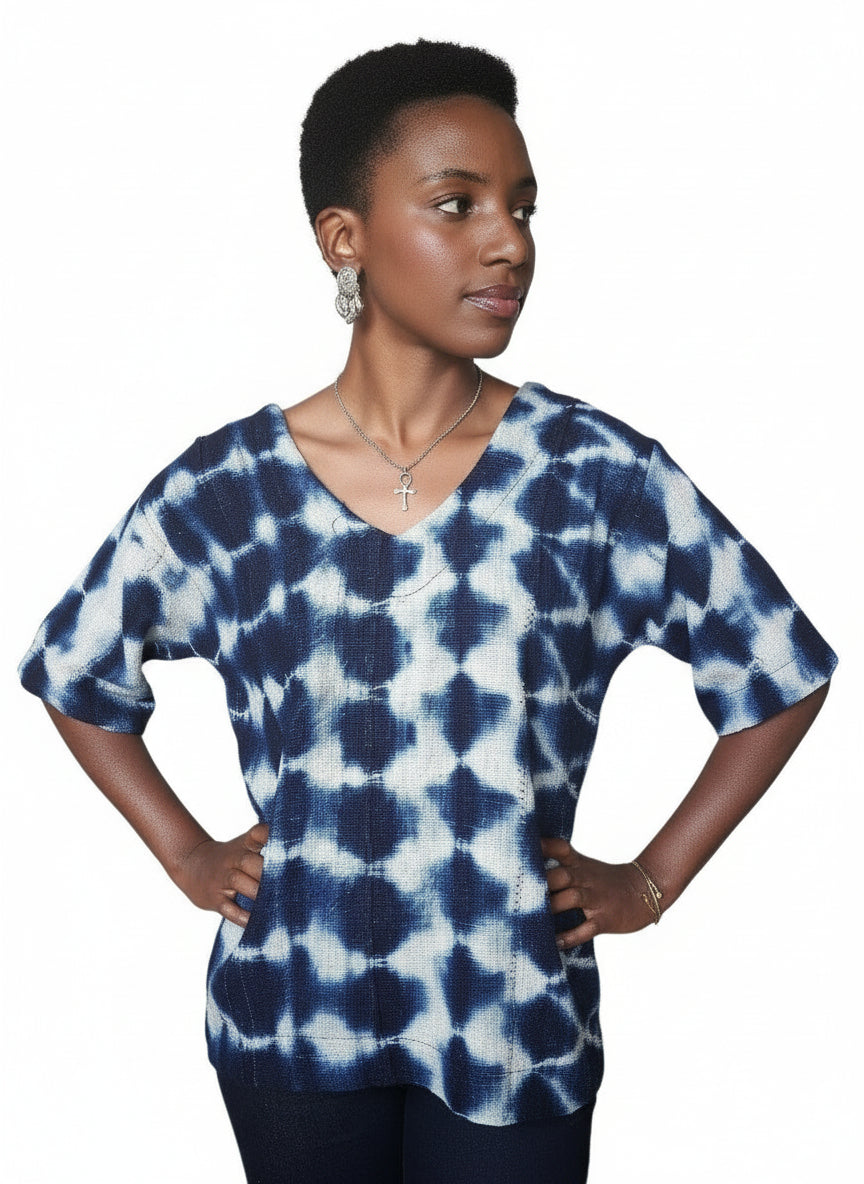 Tunique Femme Galafini (Indigo) – Collection Farafina – Pagne tissé 100 % coton en tunique femme Galafini artisanal africain - KaolackCreations