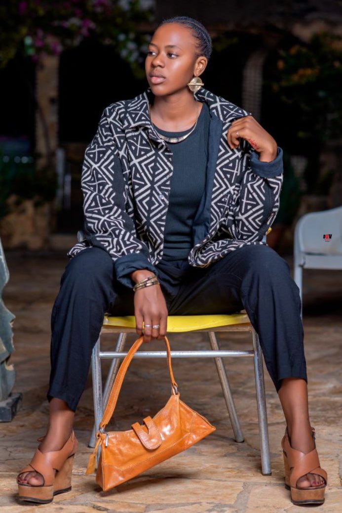 Veste bogolan noir et blanc avec boutons-pression et poches plaquées - KaolackCreations