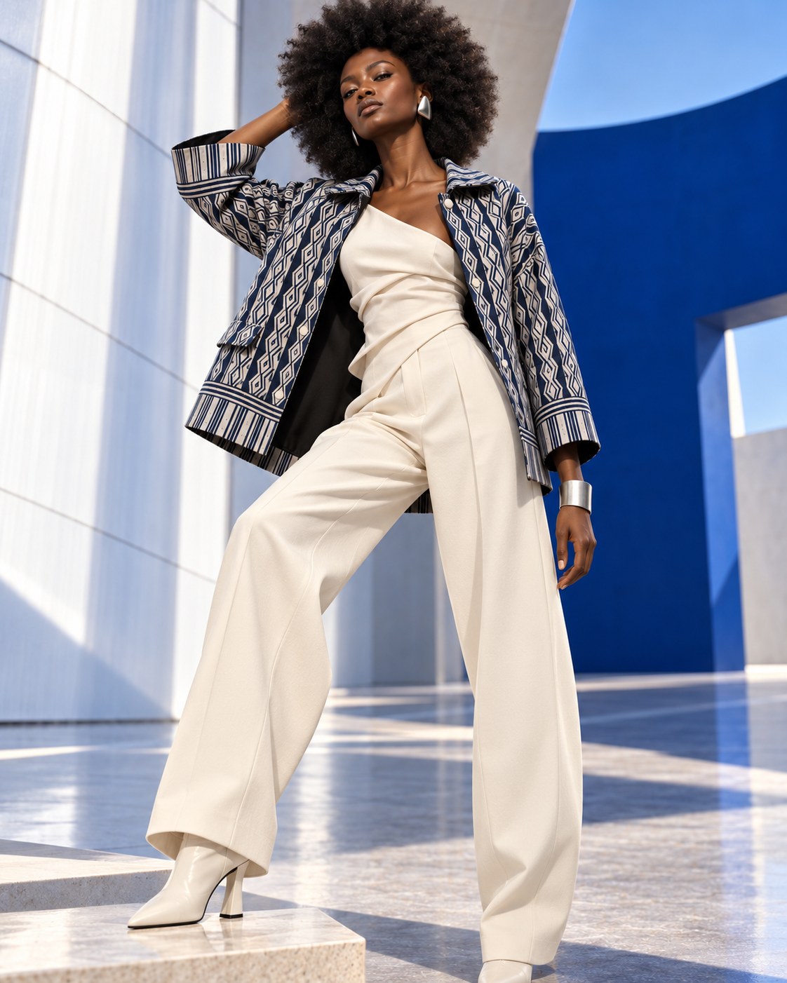 Veste boule en pagne Manjak bleu marine et gris argenté, doublure en popeline de coton noire et boutons pression – Kaolack Créations