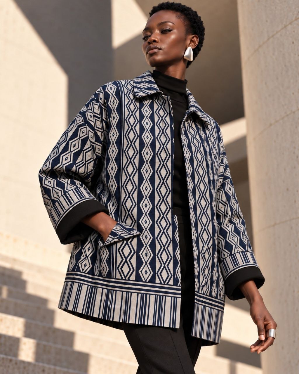 Veste boule en pagne Manjak tissé main bleu marine et gris argenté, portée ouverte par une femme – Kaolack Créations