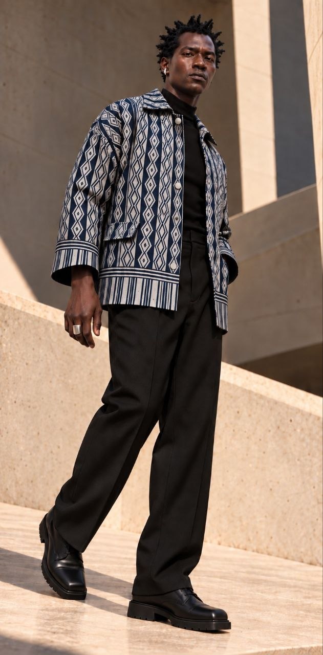 Veste boule en pagne Manjak tissé main bleu marine et gris argenté, portée par un homme – veste africaine unisexe Kaolack Créations