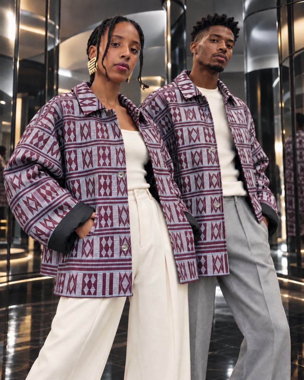 Veste boule en pagne Manjak tissé main prune et gris argenté, portée par une femme et un homme – veste africaine unisexe Kaolack Créations