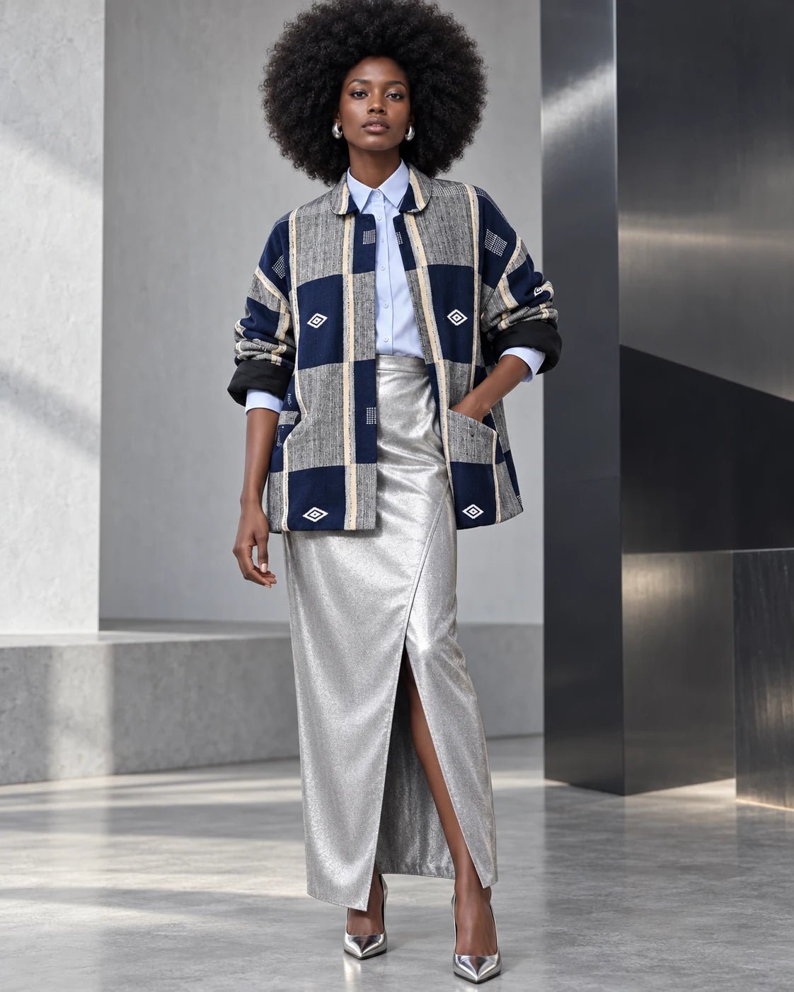 Veste boule Sénoufo oversize portée par une femme avec une chemise bleu clair et une jupe longue argentée.