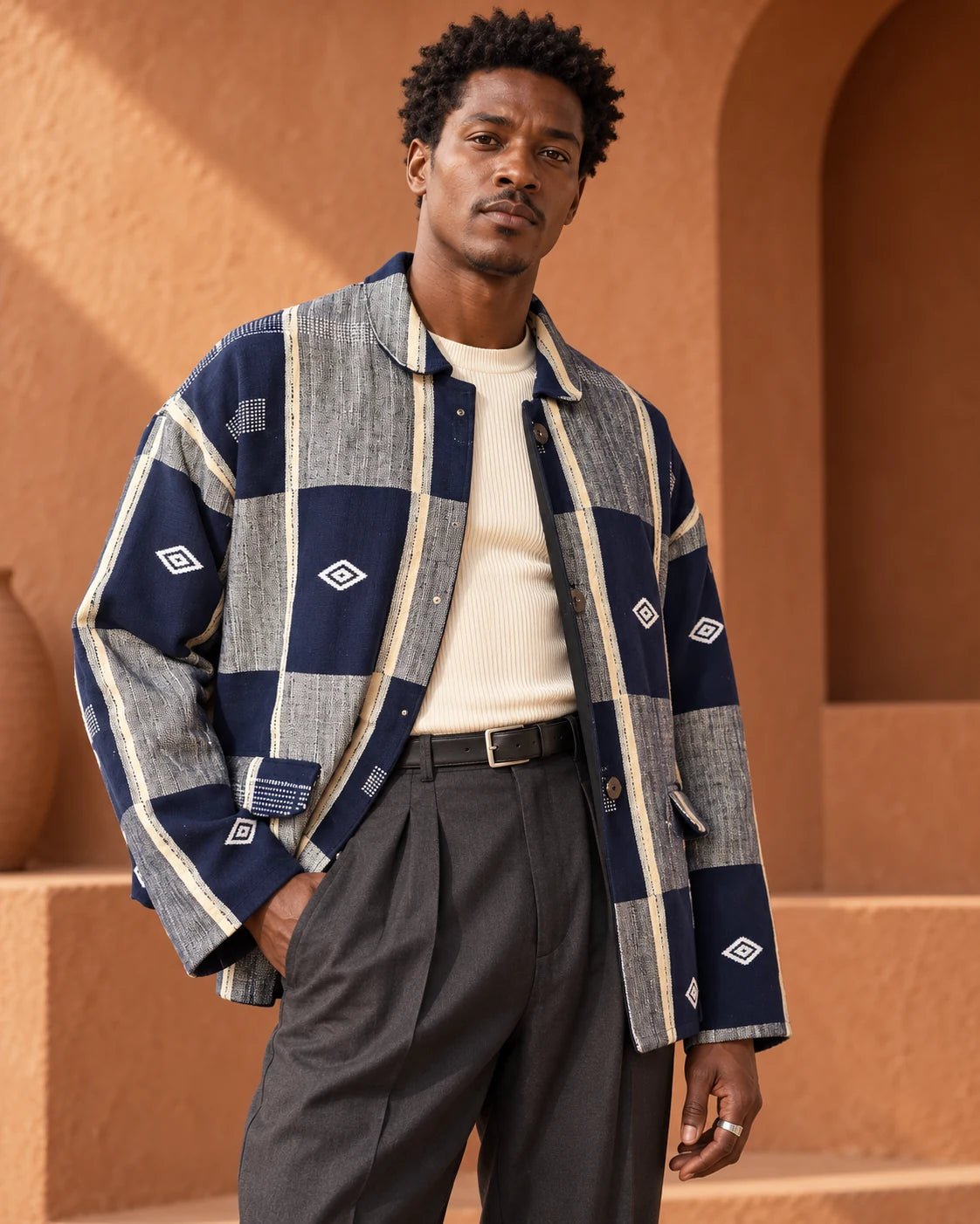 Veste boule en pagne Sénoufo tissé main portée ouverte par un homme sur un haut écru et un pantalon anthracite.