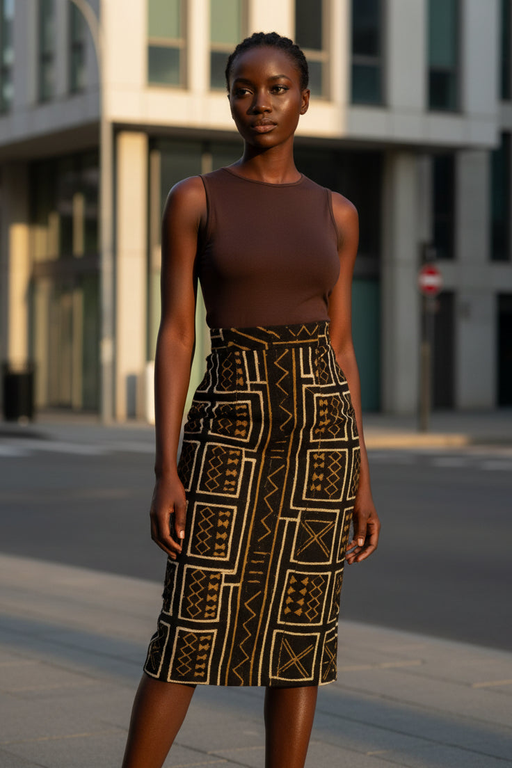 Jupe crayon taille haute "Kaarta" en bogolan marron - 100% coton tissé à la main en Jupe Bogolan crayon taille haute artisanal africain - KaolackCreations