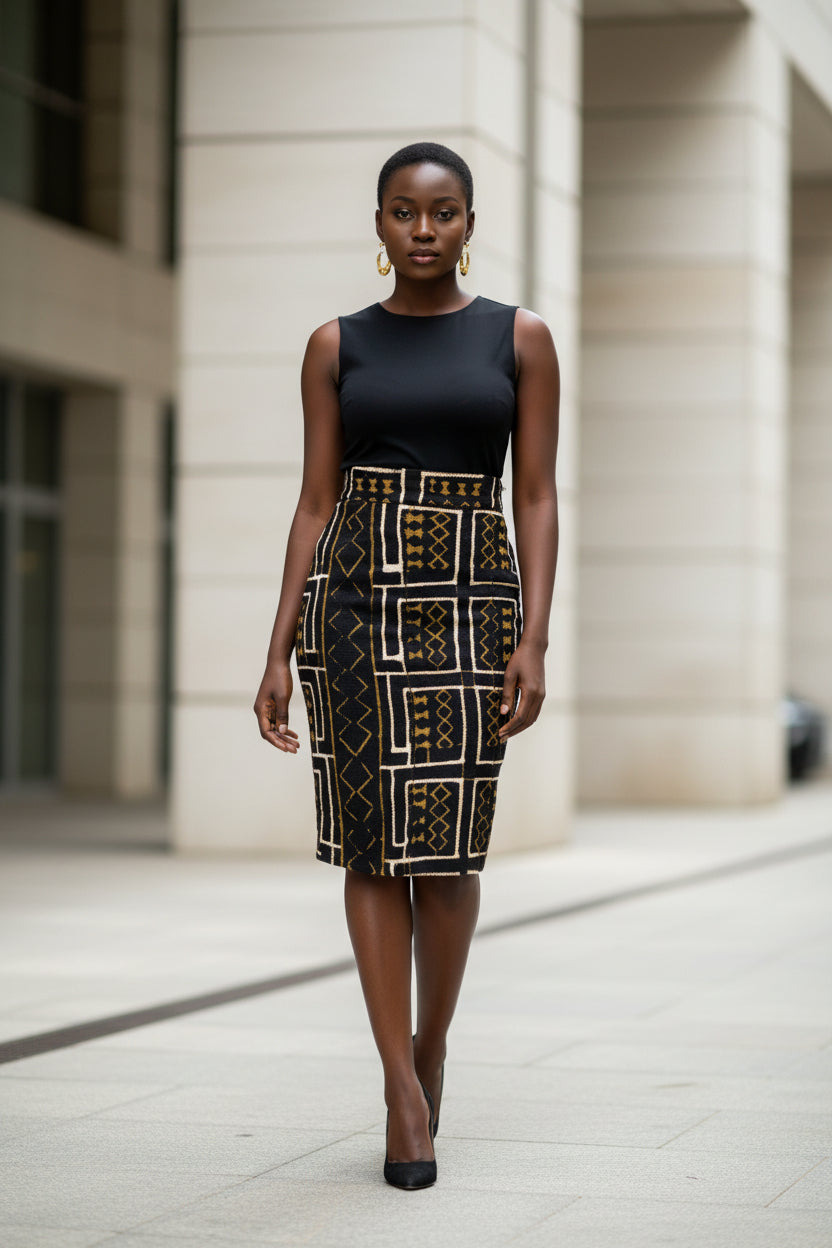 Jupe crayon taille haute "Kaarta" en bogolan marron - 100% coton tissé à la main en Jupe Bogolan crayon taille haute artisanal africain - KaolackCreations