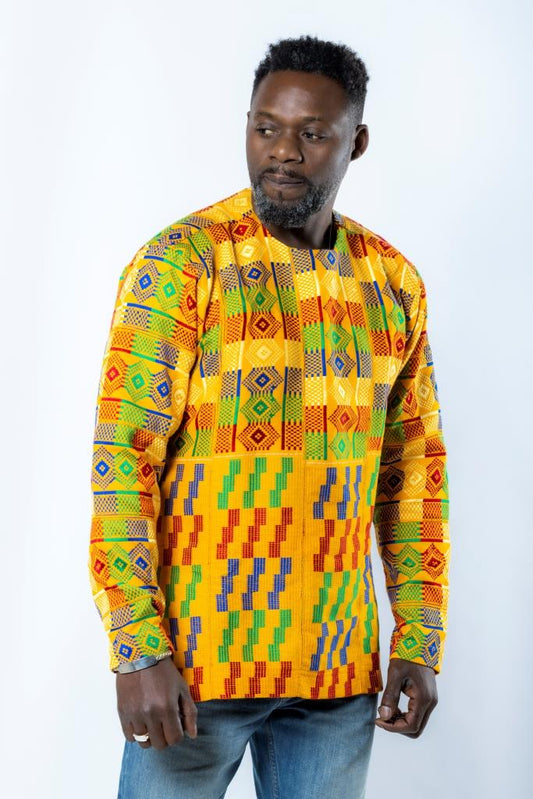 Chemise tunique en KENTE du Ghana, manches longues, multicolore en chemise homme artisanal africain - KaolackCreations