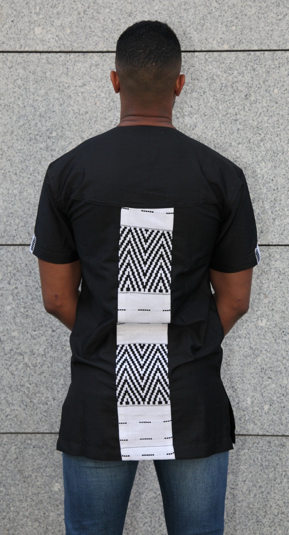 Chemise Tunique homme Kente Ewe du Ghana et coton noir en tunique homme artisanal africain - KaolackCreations