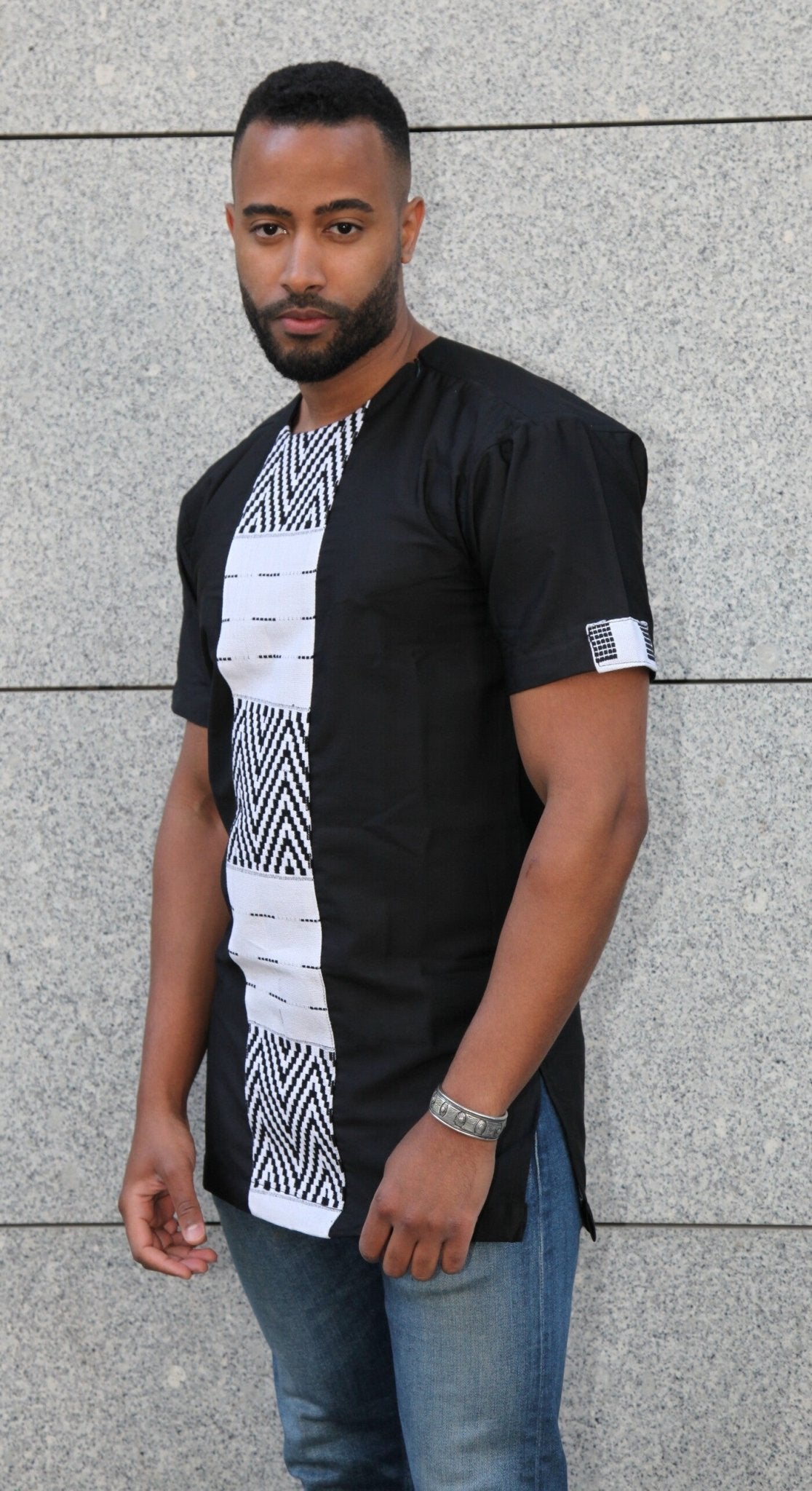 Chemise Tunique homme Kente Ewe du Ghana et coton noir en tunique homme artisanal africain - KaolackCreations