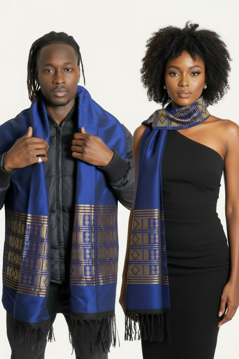 Écharpe en pagne tissé Manjak - Bleu/doré, 100% Made in Africa en echarpe Manjak artisanal africain - KaolackCreations