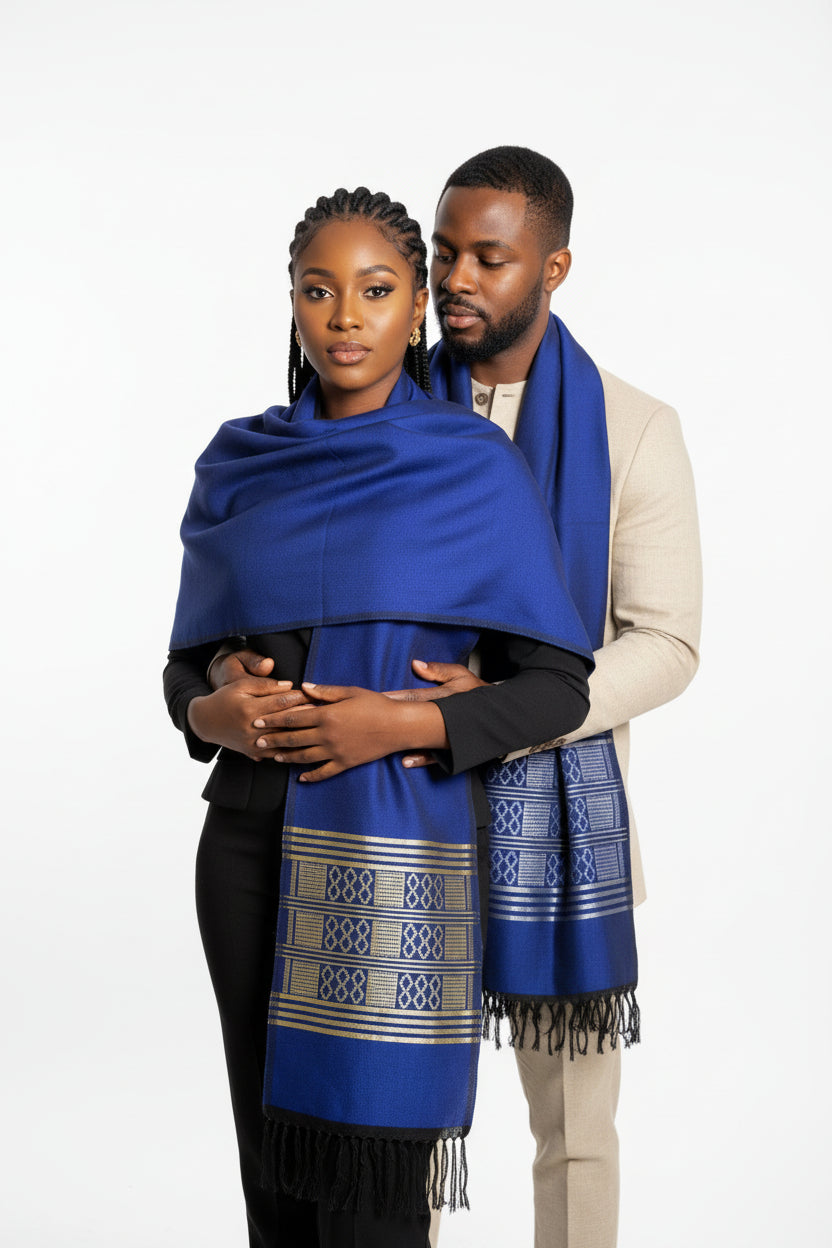 Écharpe en pagne tissé Manjak - Bleu/doré, 100% Made in Africa en echarpe Manjak artisanal africain - KaolackCreations