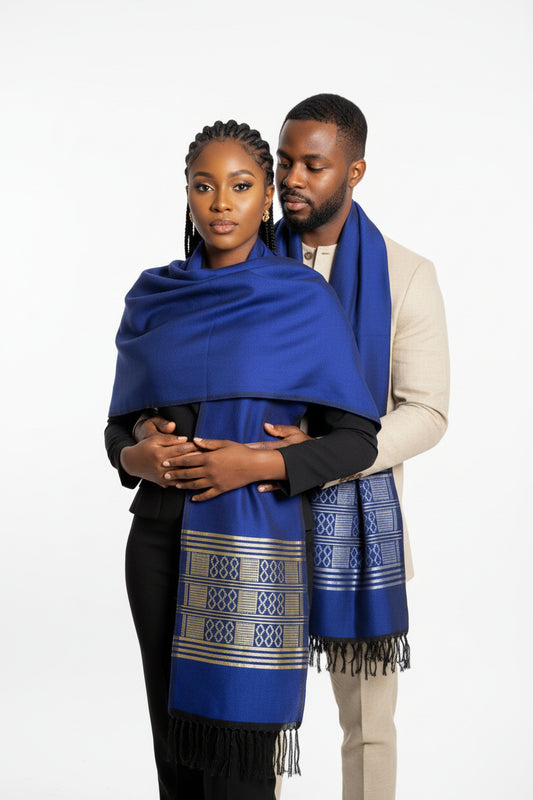 Écharpe en pagne tissé Manjak - Bleu/doré, 100% Made in Africa en echarpe Manjak artisanal africain - KaolackCreations