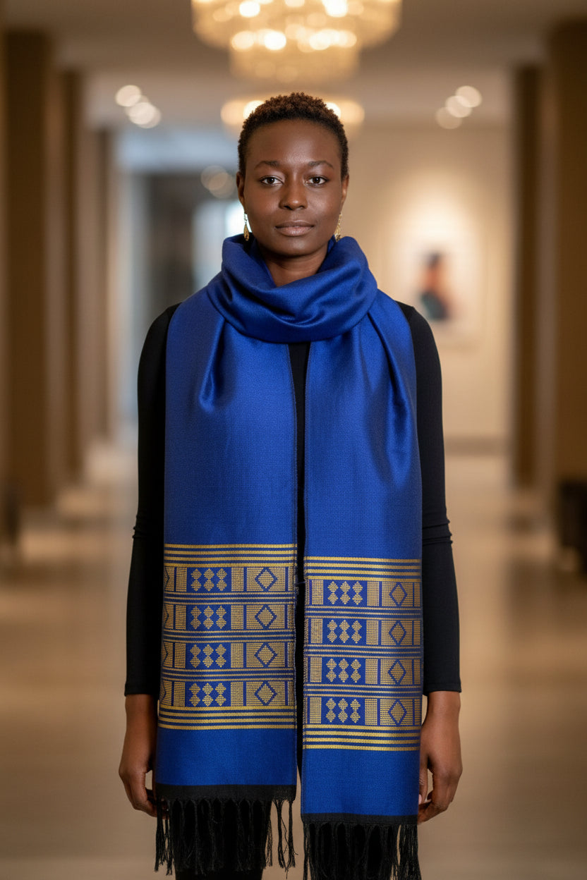 Écharpe en pagne tissé Manjak - Bleu/doré, 100% Made in Africa en echarpe Manjak artisanal africain - KaolackCreations