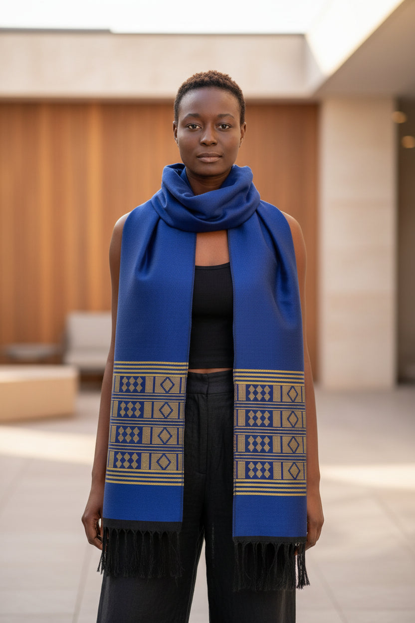 Écharpe en pagne tissé Manjak - Bleu/doré, 100% Made in Africa en echarpe Manjak artisanal africain - KaolackCreations