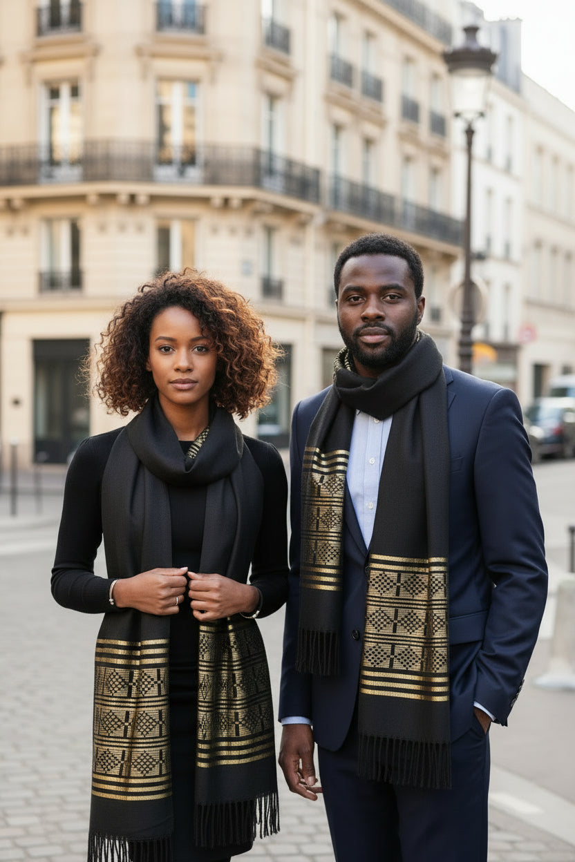 Écharpe-Étole Manjak noire et dorée portée par une femme – tissage manjak artisanal en coton - KaolackCreations