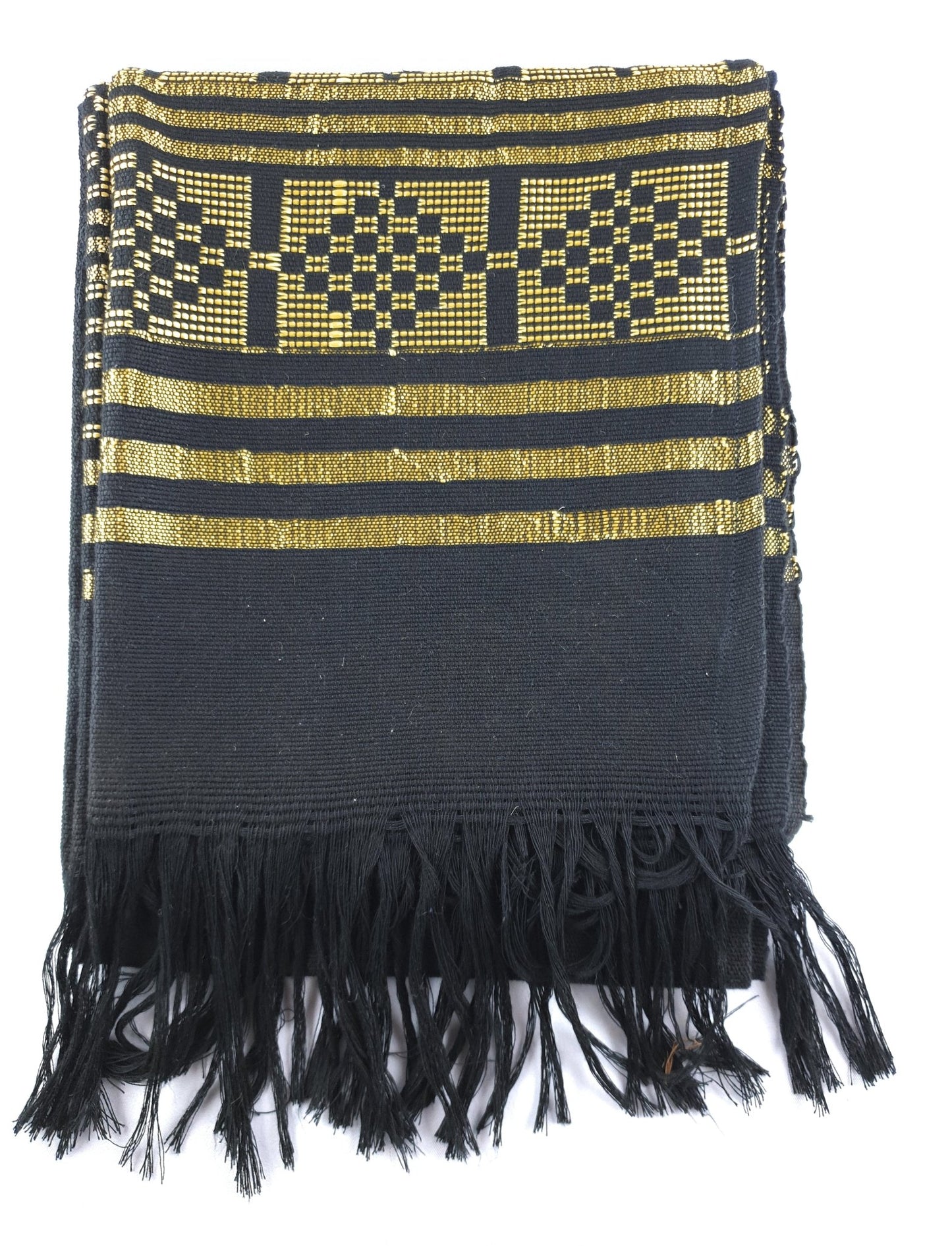 Franges de l’écharpe-étole Manjak noire et dorée – finitions soignées du pagne tissé main