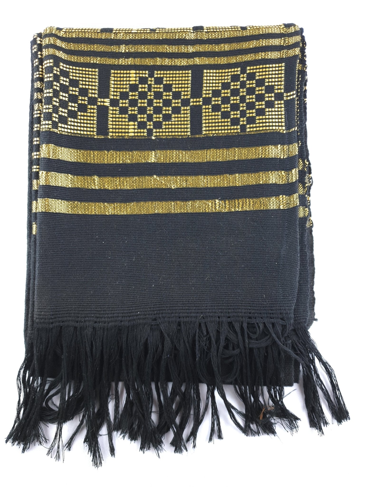 Franges de l’écharpe-étole Manjak noire et dorée – finitions soignées du pagne tissé main