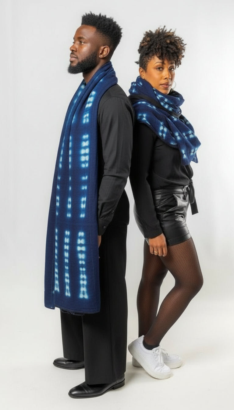 Détail de l’écharpe indigo galâ / lépi tissée main au Mali – motifs indigo naturels
