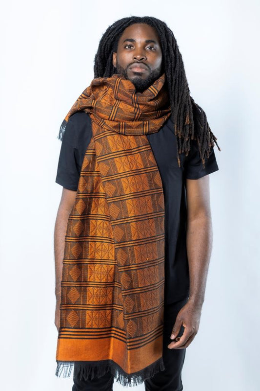 Etole Manjak de luxe orange brique en pagne tissé (édition limitée) en etole echarpe pagne manjak artisanal africain - KaolackCreations