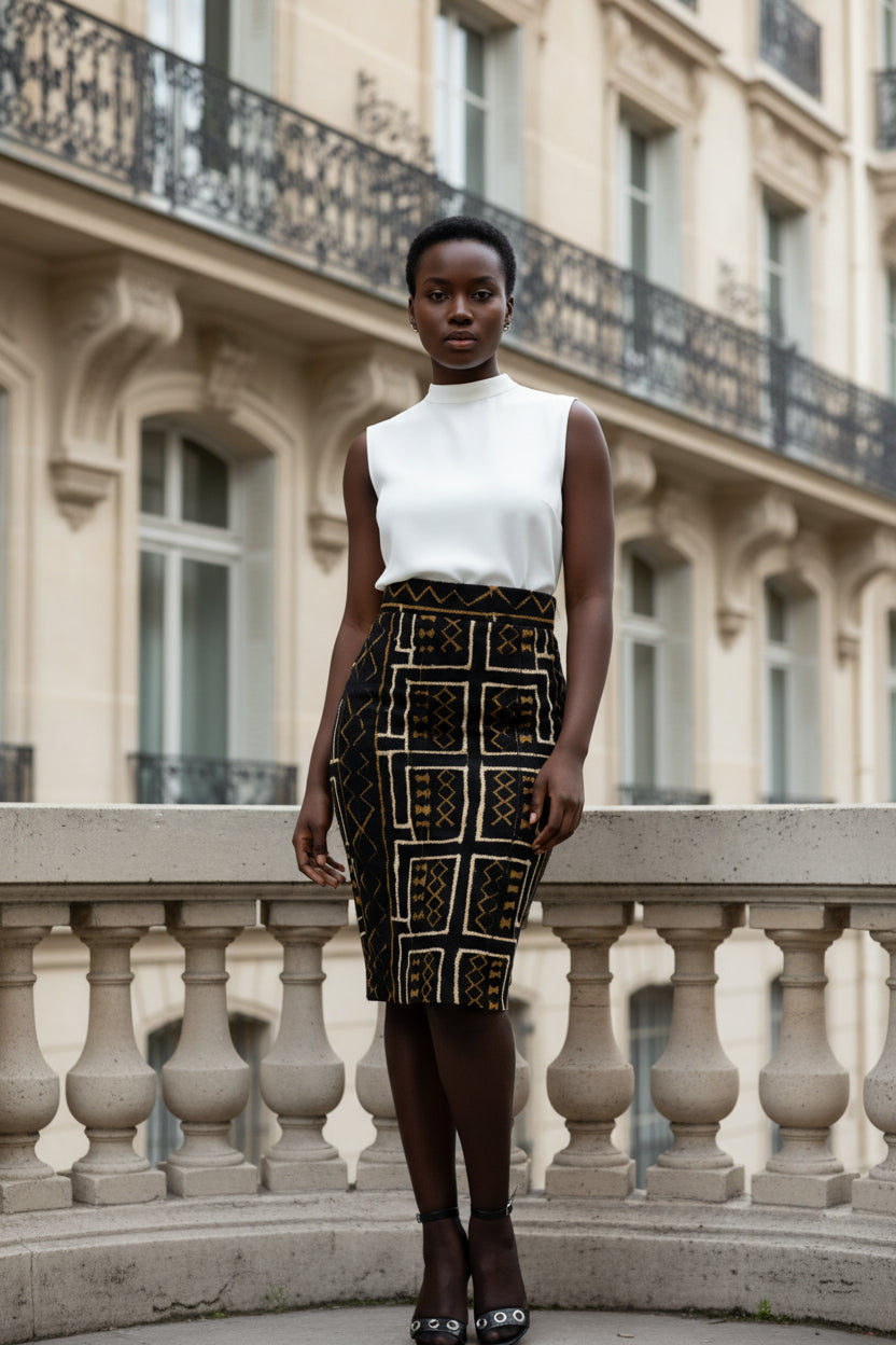 Jupe crayon taille haute "Kaarta" en bogolan marron - 100% coton tissé à la main en Jupe Bogolan crayon taille haute artisanal africain - KaolackCreations