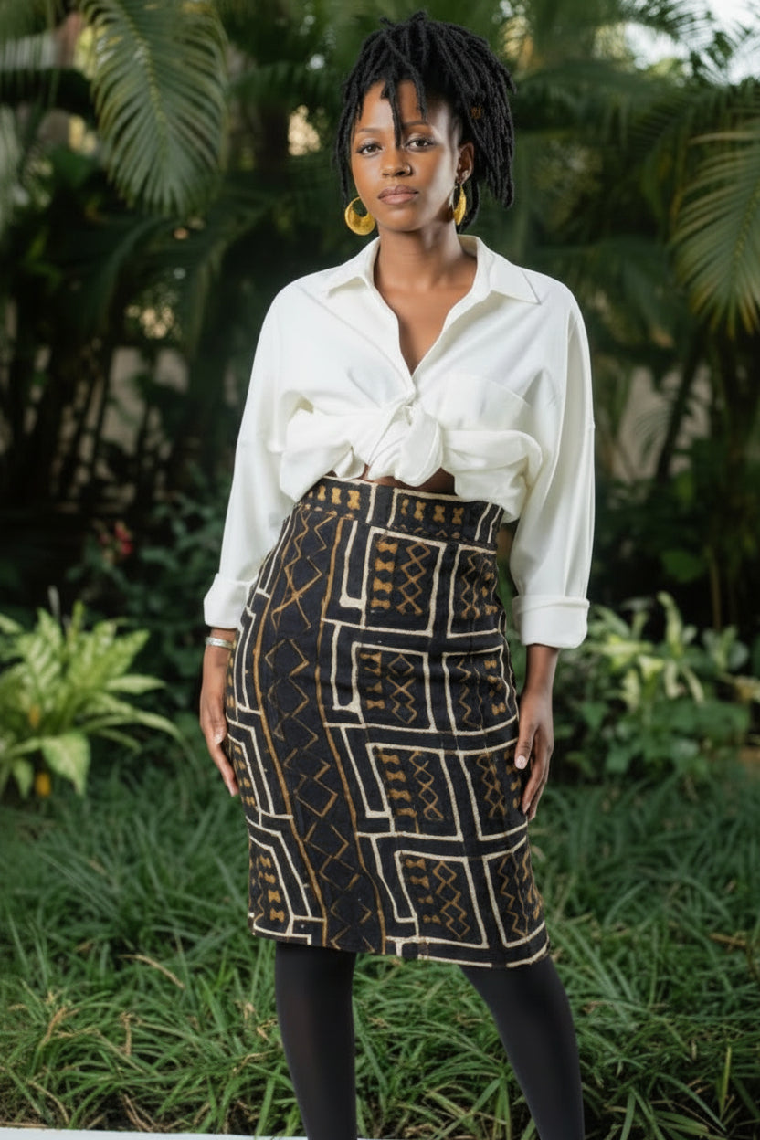 Jupe crayon taille haute "Kaarta" en bogolan marron - 100% coton tissé à la main en Jupe Bogolan crayon taille haute artisanal africain - KaolackCreations