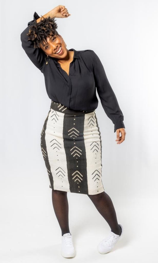 Jupe crayon taille haute en Bogolan tissé du Mali bicolore en vêtement femme artisanal africain - KaolackCreations