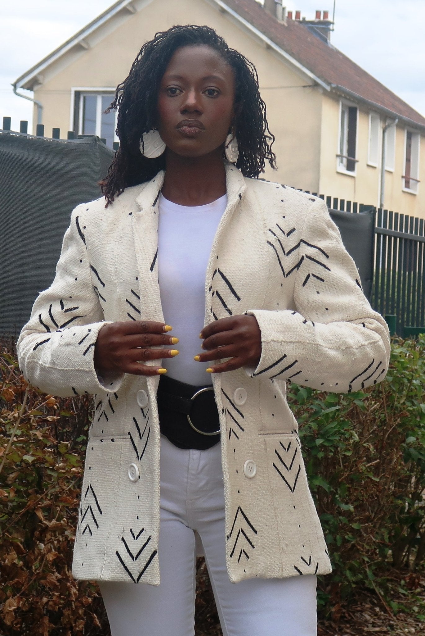 Veste blazer femme "Kaarta" en Bogolan tissé du Mali en veste femme bogolan artisanal africain - KaolackCreations