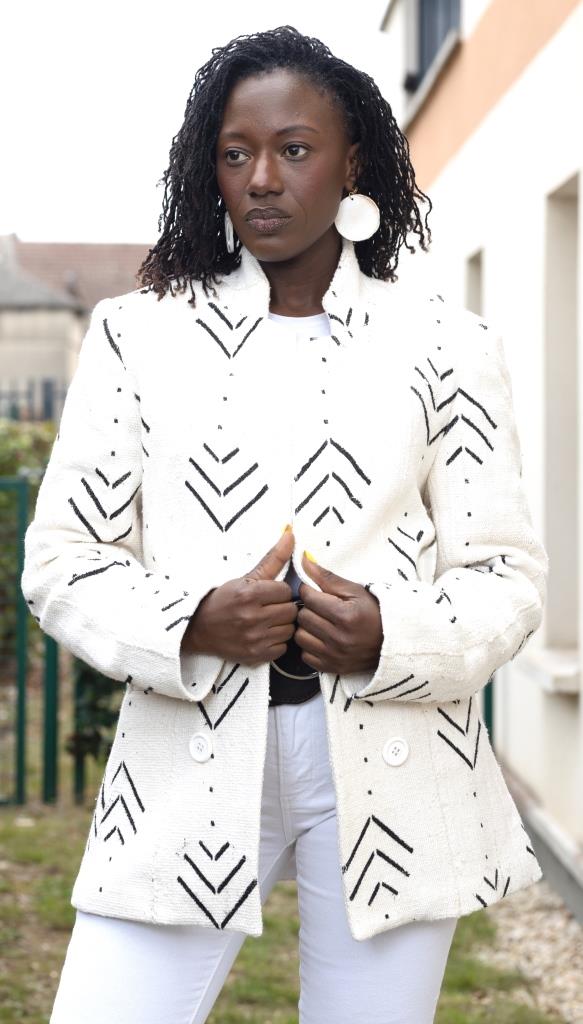 Veste blazer femme "Kaarta" en Bogolan tissé du Mali en veste femme bogolan artisanal africain - KaolackCreations